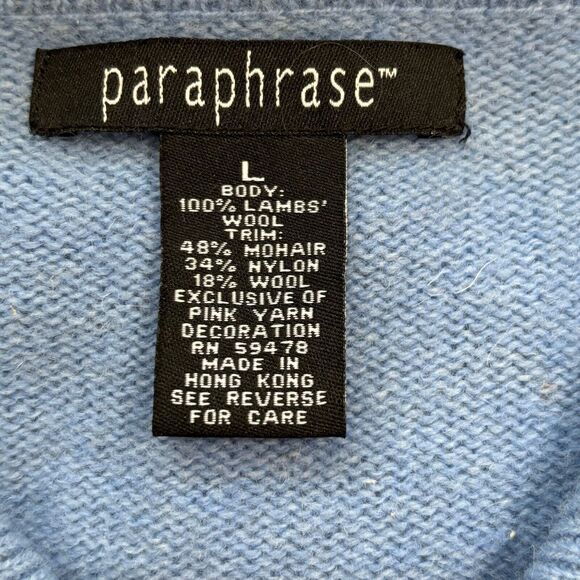 Vintage Hand Embroidery Mohair Lambs Wool Zip Large Cardigan Blue PARAPHRASE - Picture 3 of 4